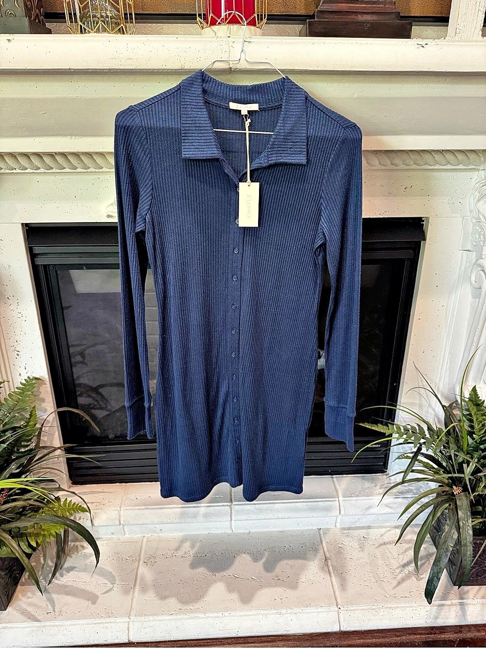 🆕 Z Supply Ribbed Button Up Dress Mini Dress in Blue Size Large